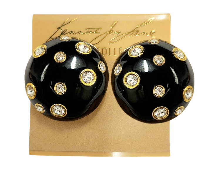 30mm Black Domed with Crystal Gold Clip Earring