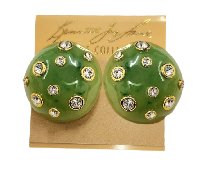 30mm Jade Domed with Crystal Gold Clip Earring