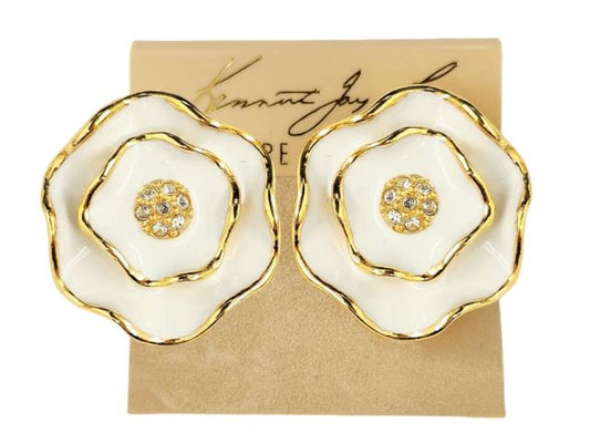 Gold and White Enamel with Rhinestone Center Flower Clip Earring