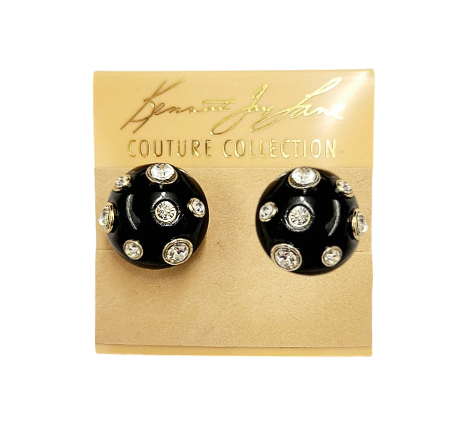 19mm Black Domed with Crystal Gold Clip Earring