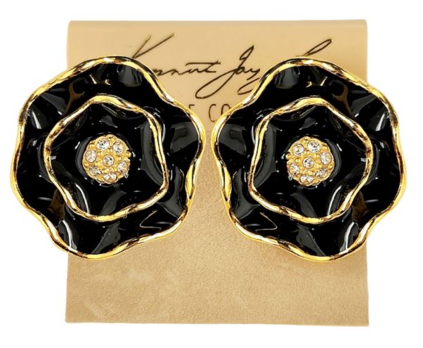 Gold and Black Enamel with Rhinestone Center Flower Clip Earring