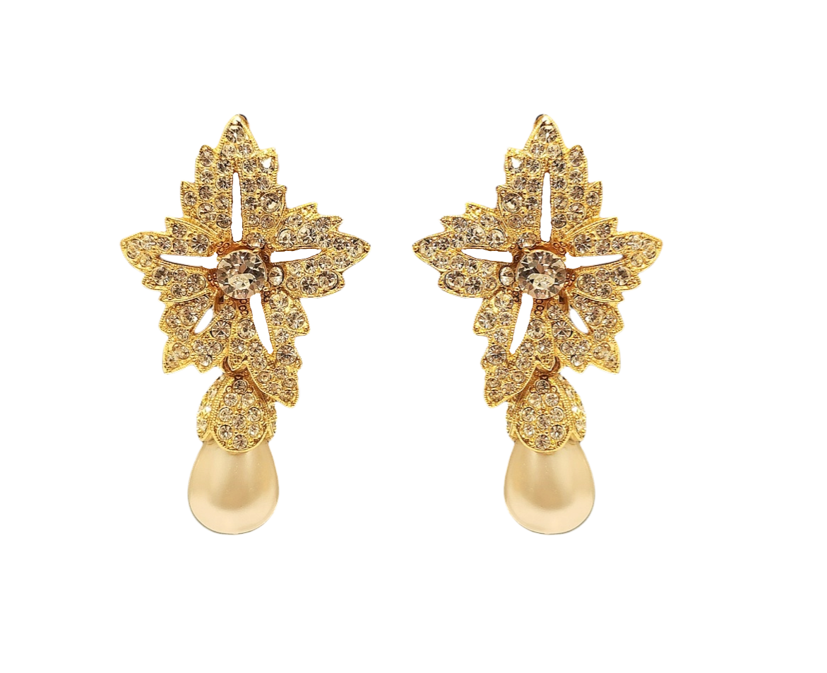 Gold Crystal Flower Top Pearl Teardrop Clip Earring