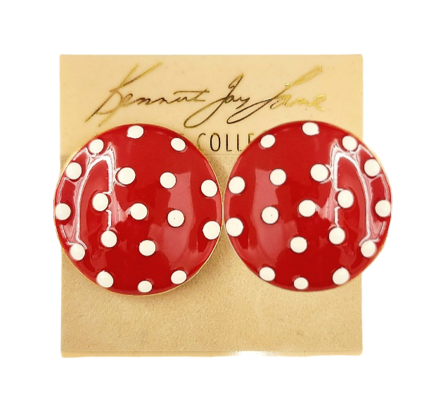 Gold with Red & White Dots Enamel Button Clip Earring