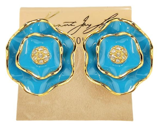 Gold and Turquoise Enamel with Rhinestone Center Flower Clip Earring