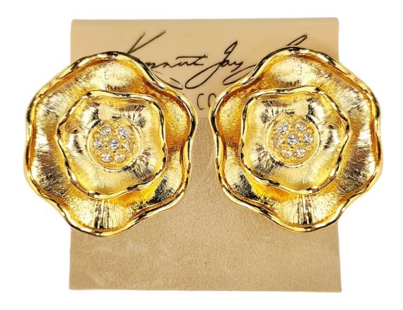 Gold Flower with Rhinestone Center Clip Earring