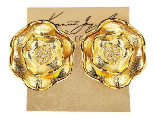 Gold Flower with Rhinestone Center Clip Earring