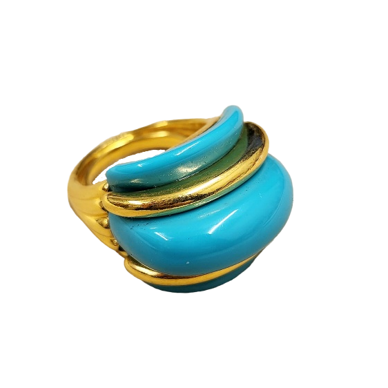 Turquoise and Gold Ribs Dome Adjustable Ring