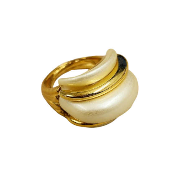 Gold and White Pearl Ribbed Dome Ring
