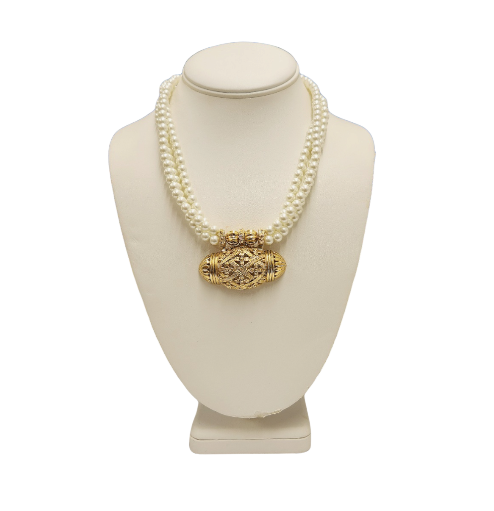 18" 3 Row 6mm Pearl with Light Antique Gold Pendant Necklace