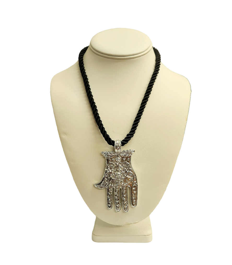 18" Black Rope with Silver Hand Pendant Necklace