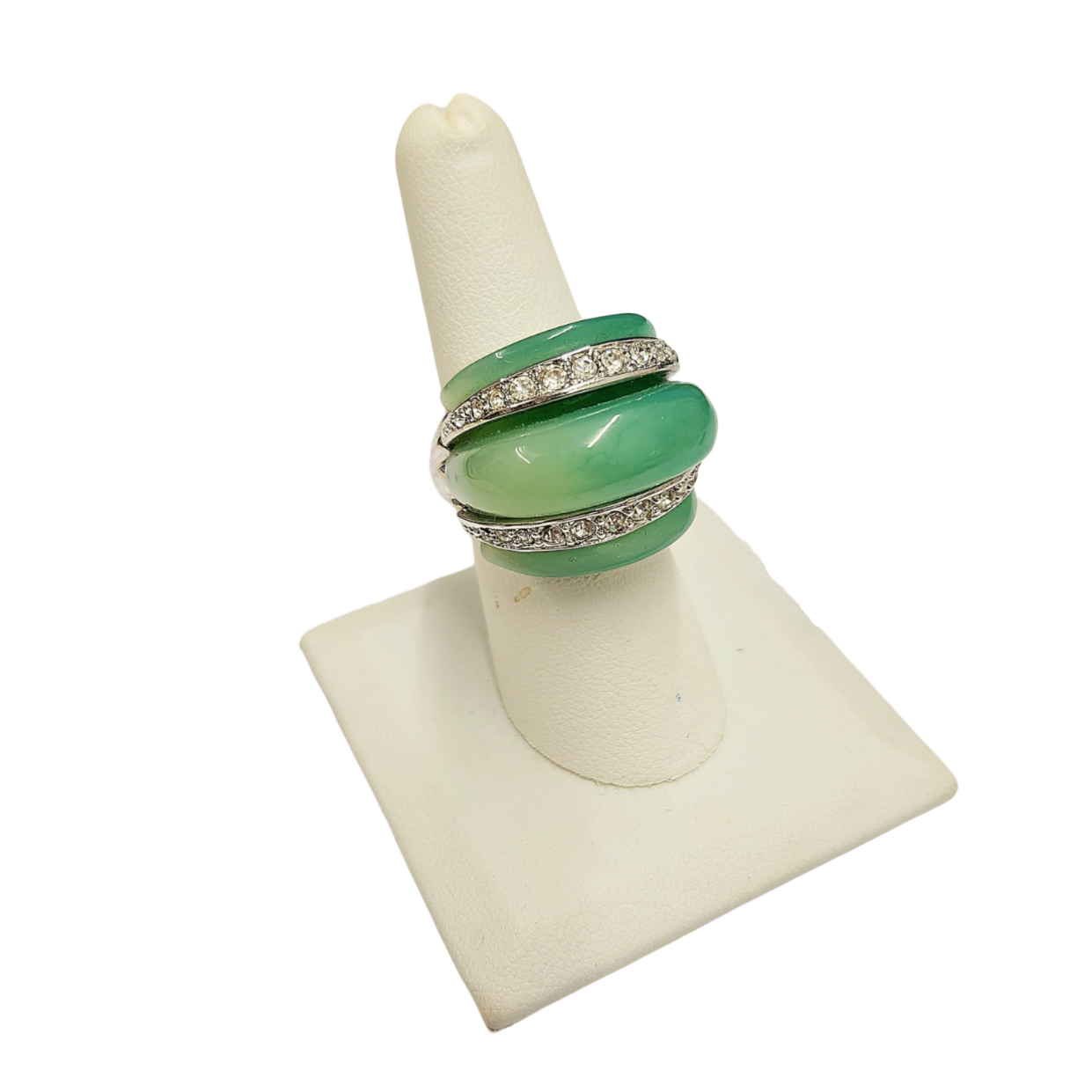 Jade Dome Ring with Silver and Crystal Bands