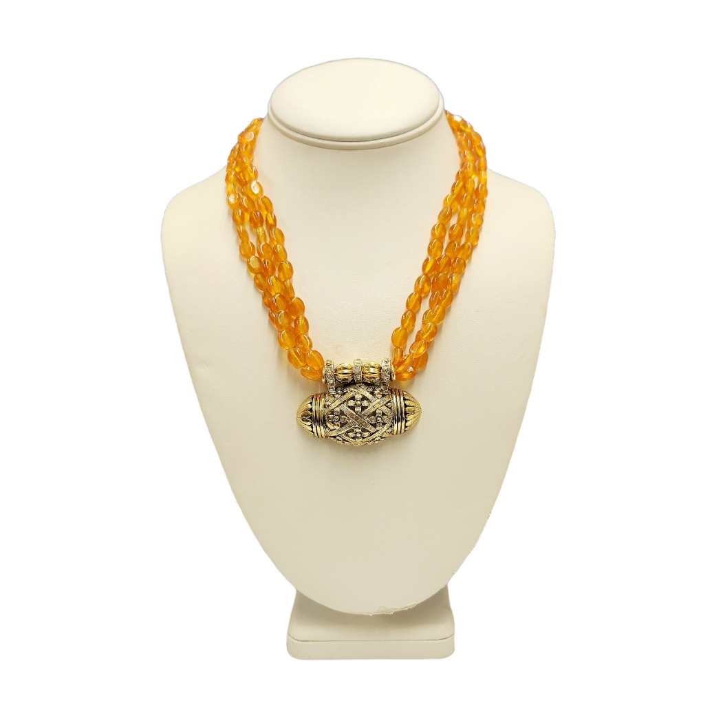 18" 3 Row Topaz Beads with Light Antique Gold Pendant