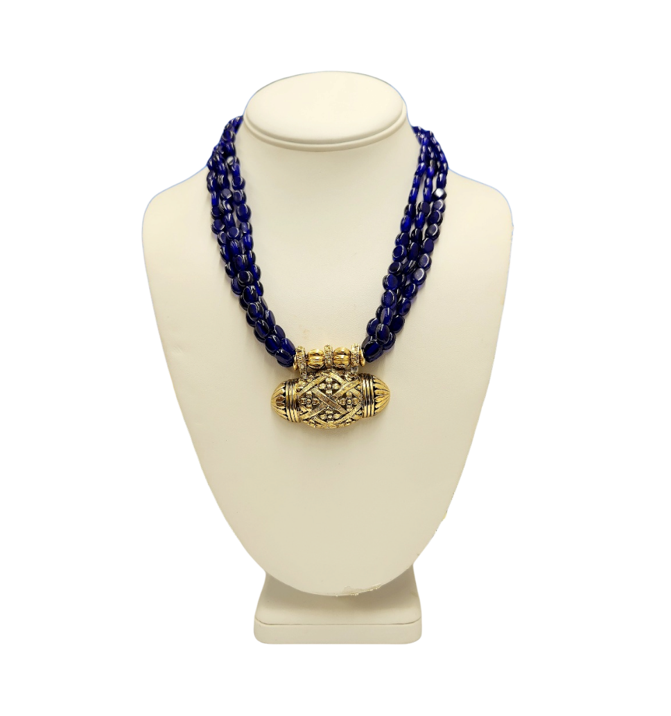 18" 3 Row Sapphire Beads with Light Antique Gold Pendant Necklace