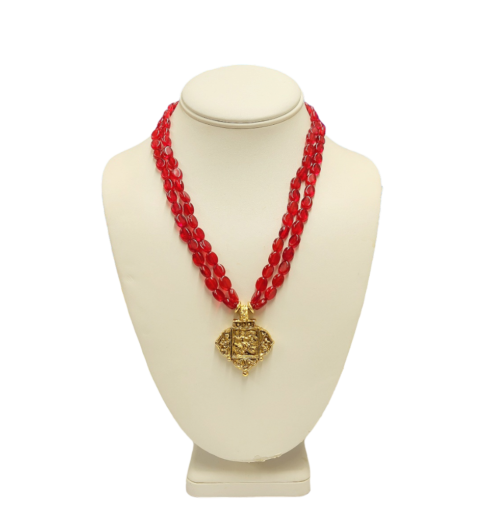 18" 2 Row Ruby Beads with Light Antique Gold Pendant Necklace