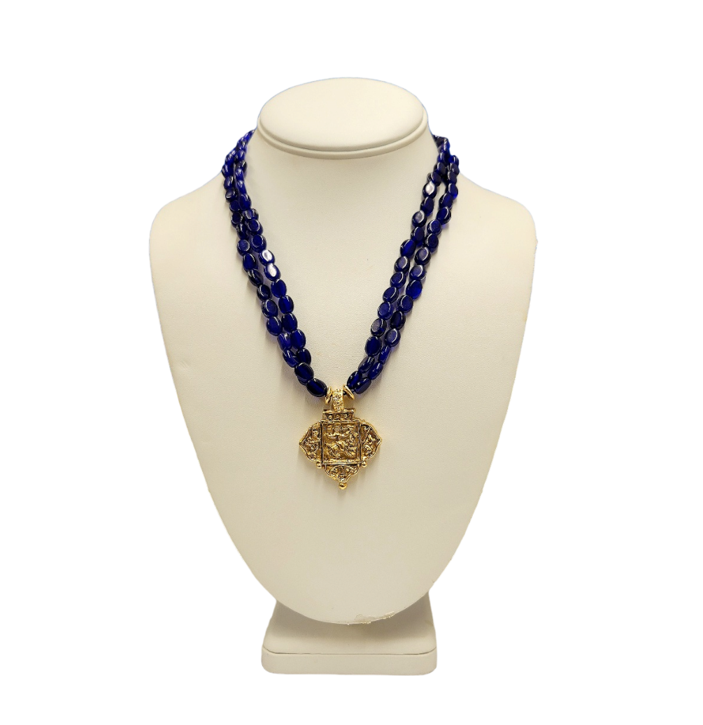 18" 2 Row Sapphire Beads with Light Antique Gold Pendant Necklace