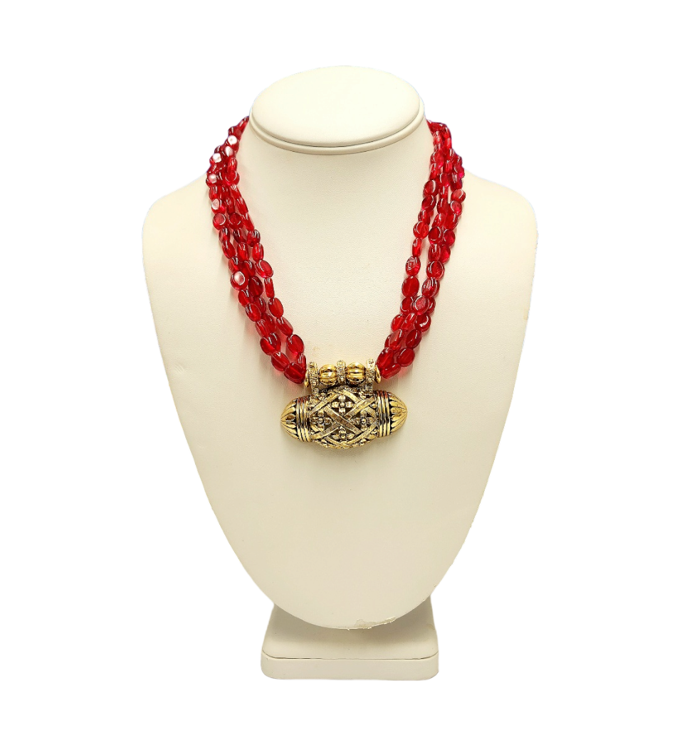 18" 3 Row Ruby Beads with Light Antique Gold Pendant Necklace