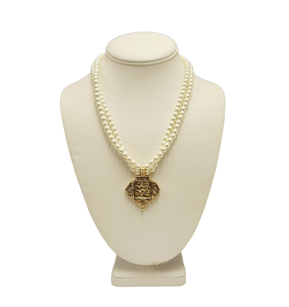 18" 2 Row 6mm Pearl with Antique Gold Pendant Necklace