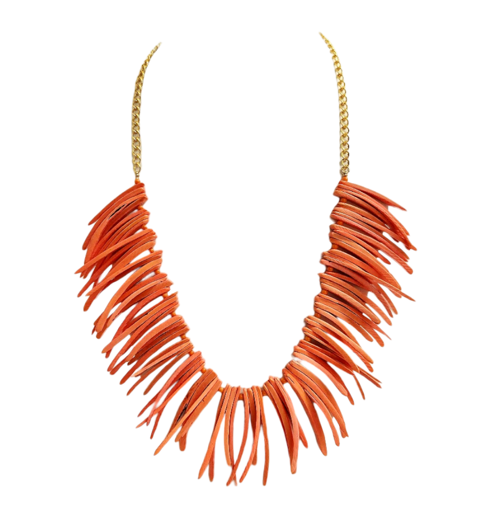 30" gold chain with bright coral stick necklace
