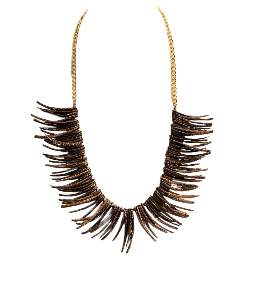 30" gold chain with brown wood necklace