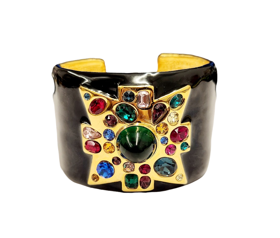 Black Maltese Cross with Multi Dark Gems & Emerald Center Hinged Cuff