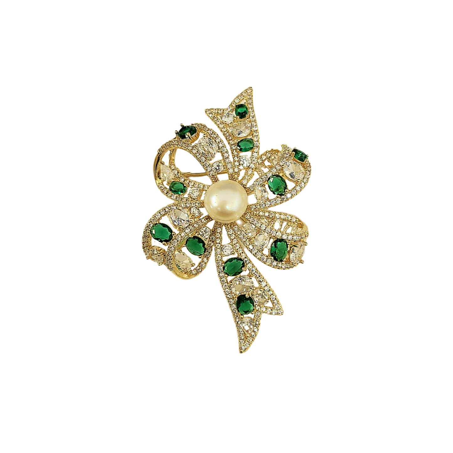 2 1/2" x 1 1/4" Gold with Crystal/ Emerald & Pearl Center Bow Pin