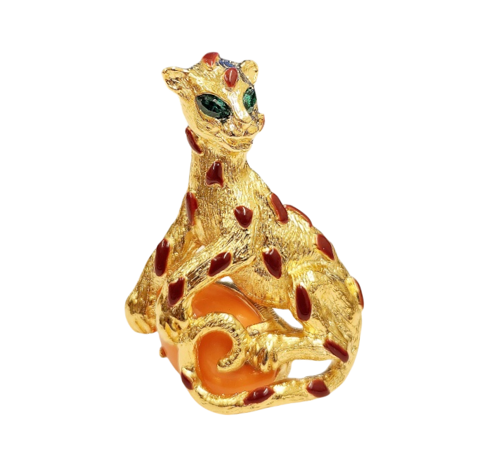 Coral Cabochon Panther Pin