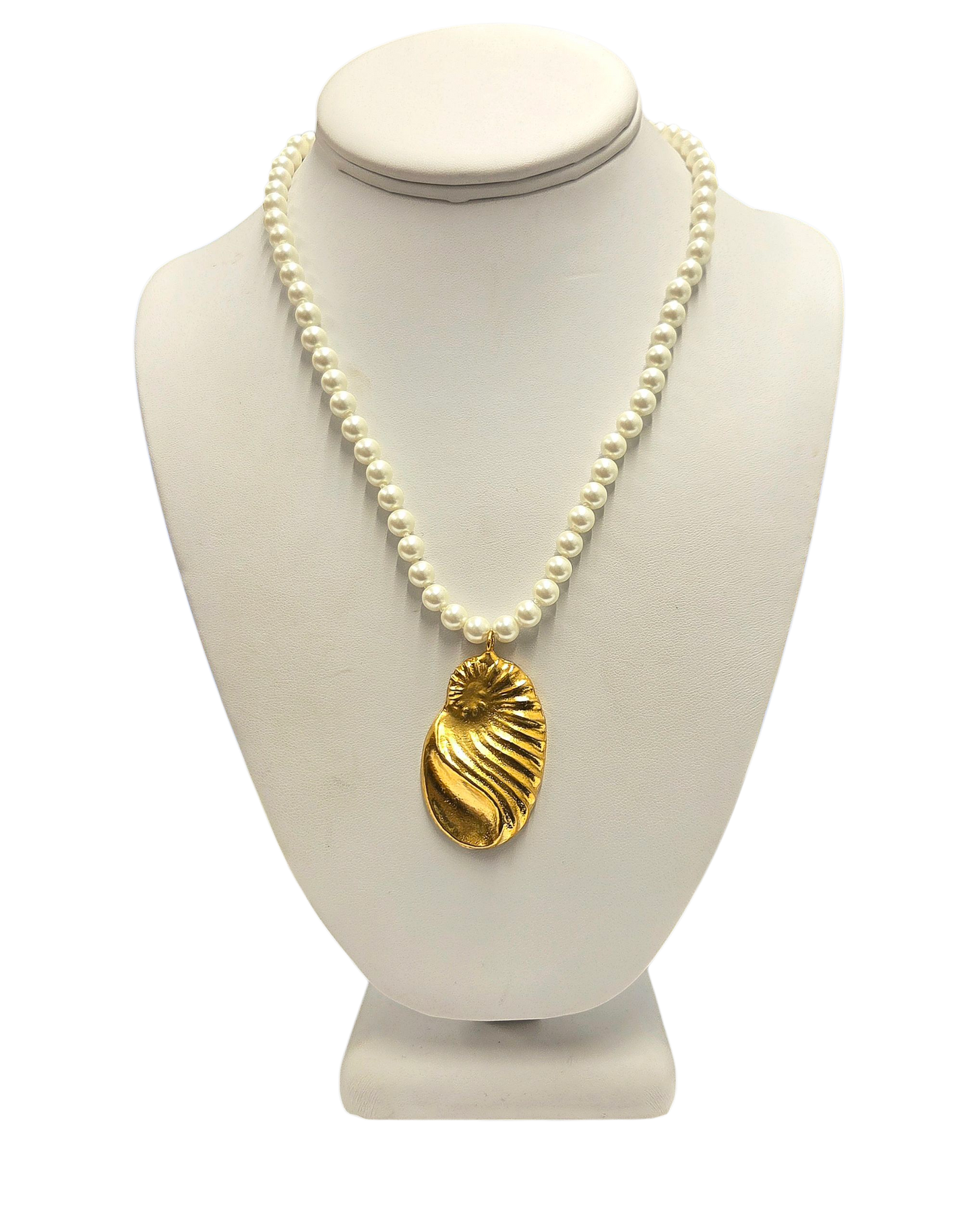 Pearl with Gold Oblong Shell Pendant Necklace