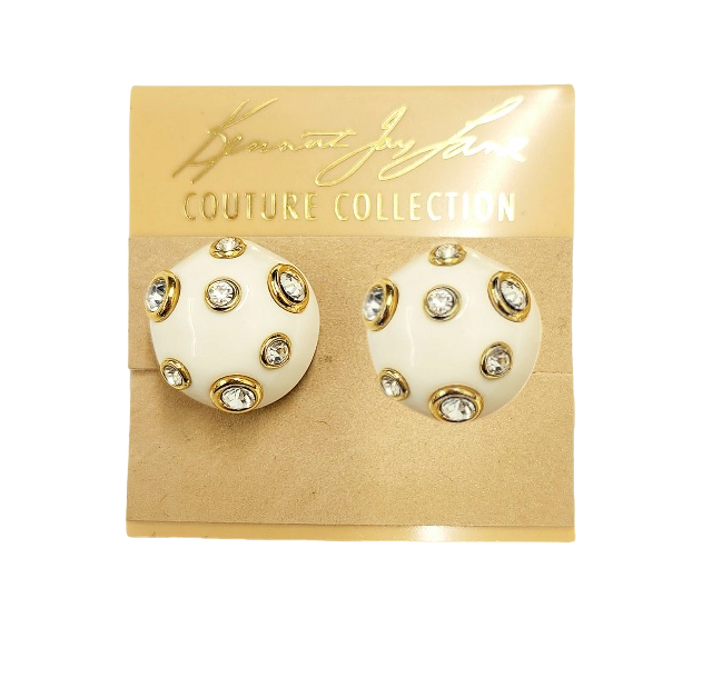 19mm White Domed with Crystal Gold Clip Earring