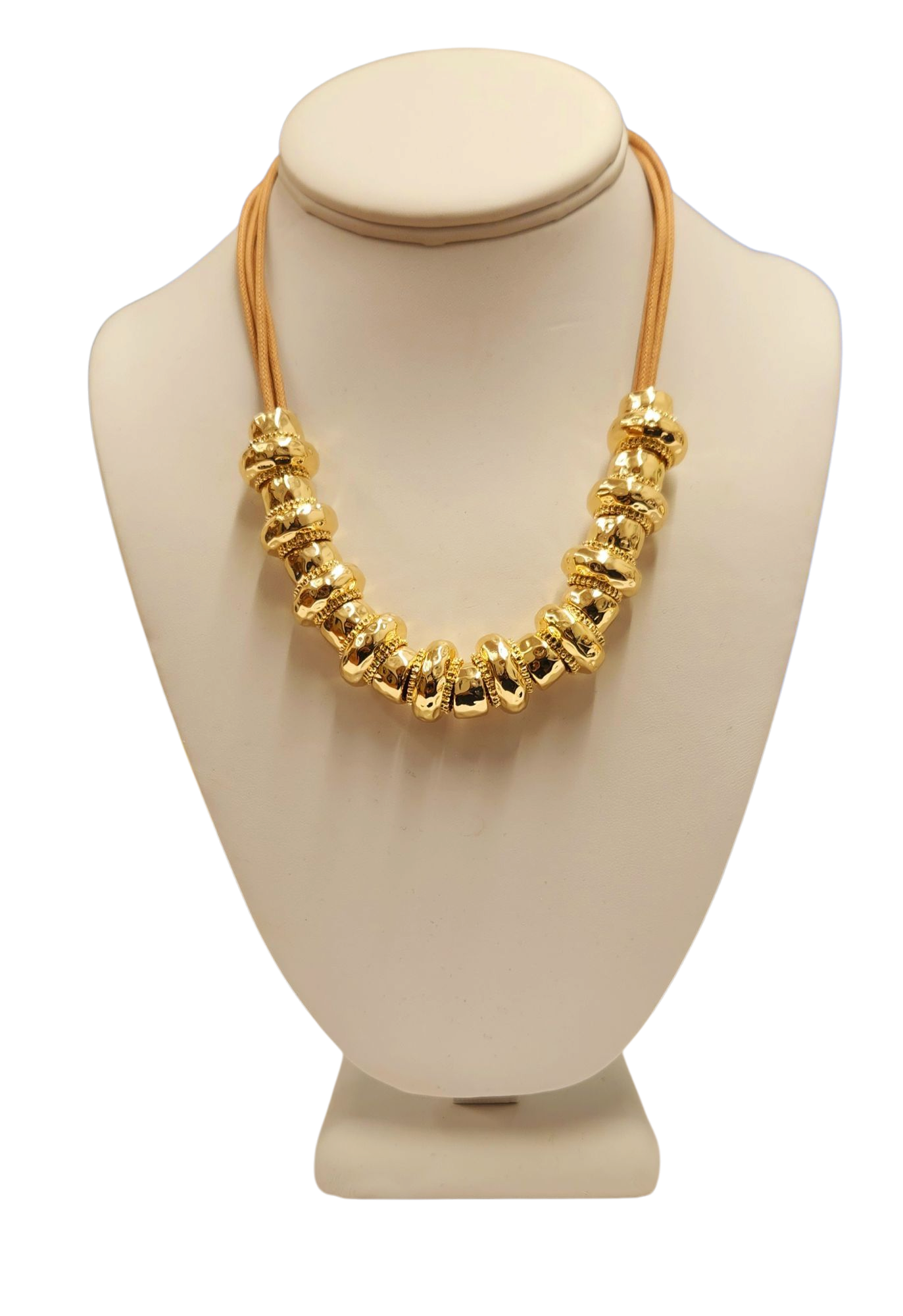 Gold Barrel with Brown Cord Necklace