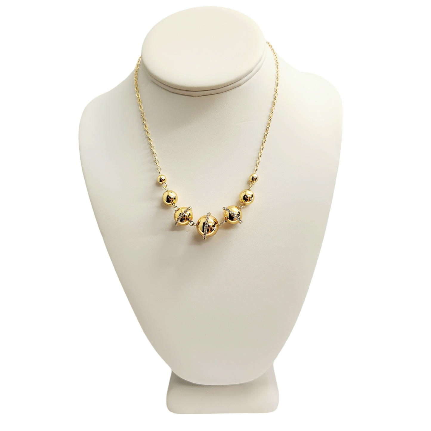 Gold Balls with Rhinestone Graduated Necklace