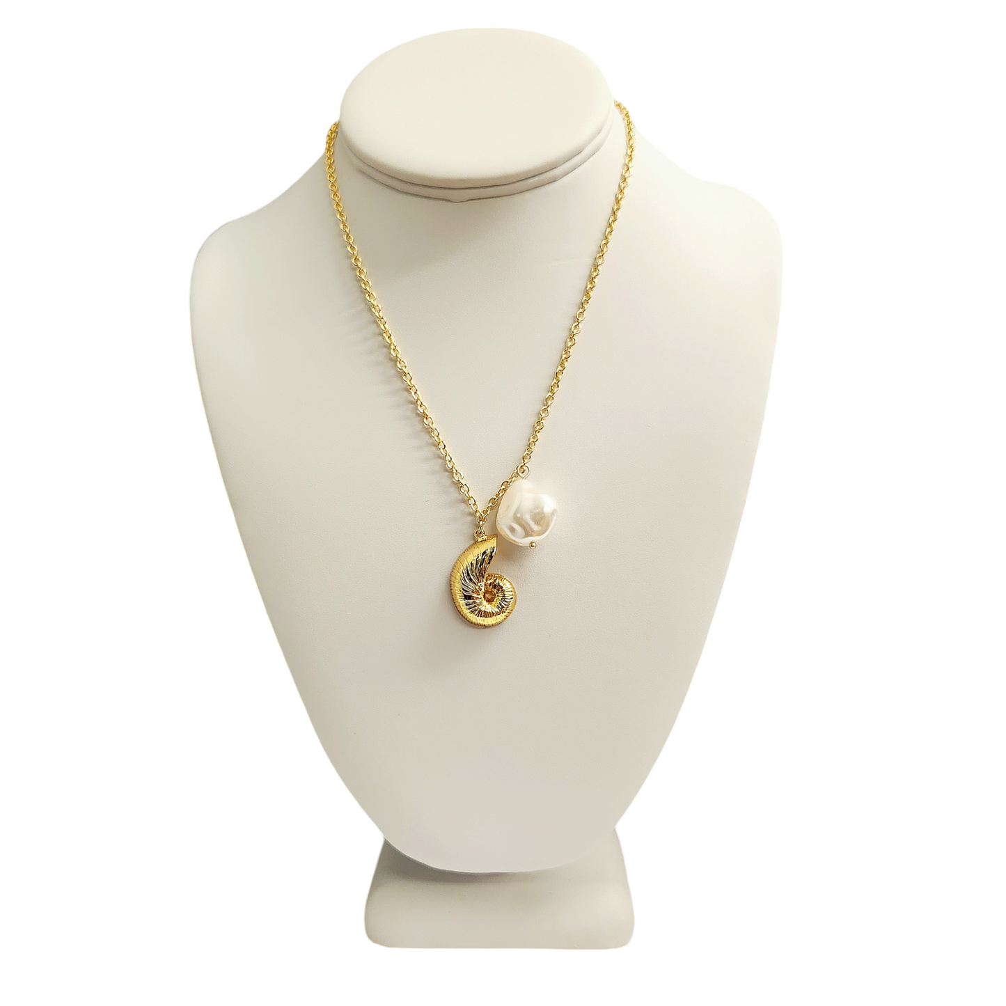 Gold Seashell with Baroque Pearl Pendant Necklace