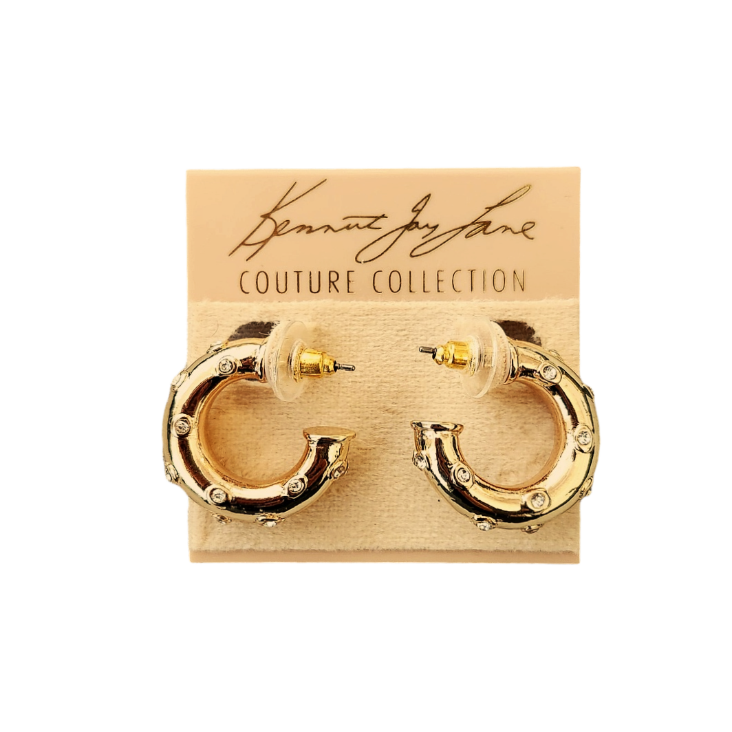 Gold Post Hoop Earring with Rhinestone Dots