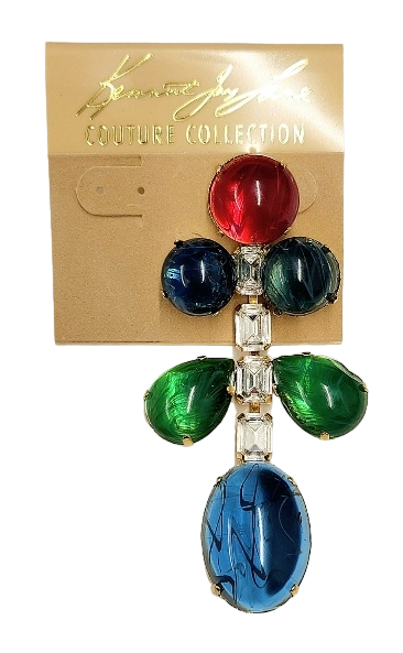 3" x 1.25" Gold- Crystal with Flaw Emerald, Flaw Ruby & Flaw Sapphire Stone Drops Post Earring