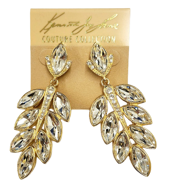 3.75" x 1" Gold with Rhinestone Drop Post Earring with Crystal Leaves