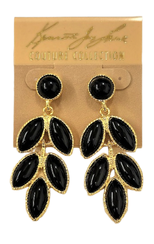2.25" x .75" Gold Drop Post Earring with Black Cabochon Leaves