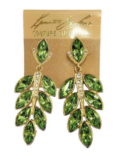 3.75" x 1" Gold with Rhinestone Drop Post Earring with Peridot Leaves
