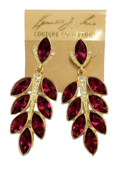 3.75" x 1" Gold with Rhinestone Drop Post Earring with Ruby Leaves