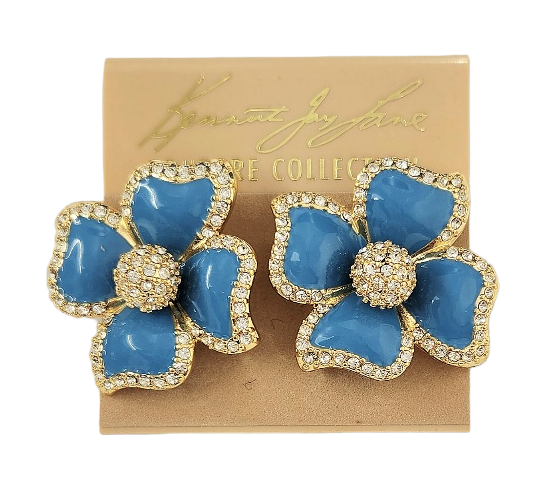 Gold with Crystal & Turquoise Enamel Flower Clip Earring