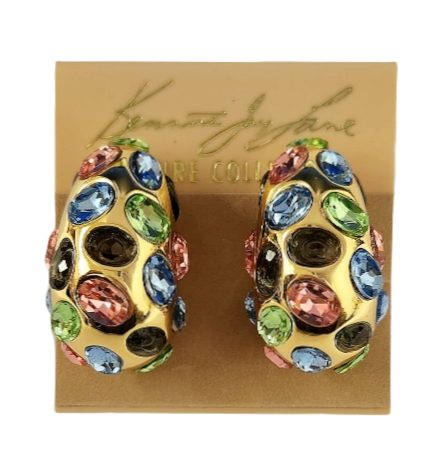 Gold with Multi Pastel Gemstone Domed Clip Earring