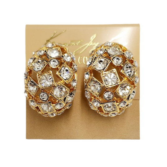 Gold with Round & Diamond Shaped Crystal Clusters Clip Earring