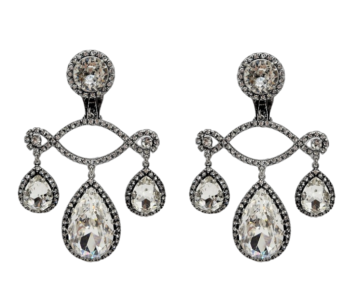 Gunmetal Crystal Triple Drop Clip Earring