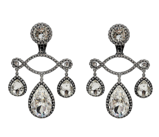 Gunmetal Crystal Triple Drop Clip Earring