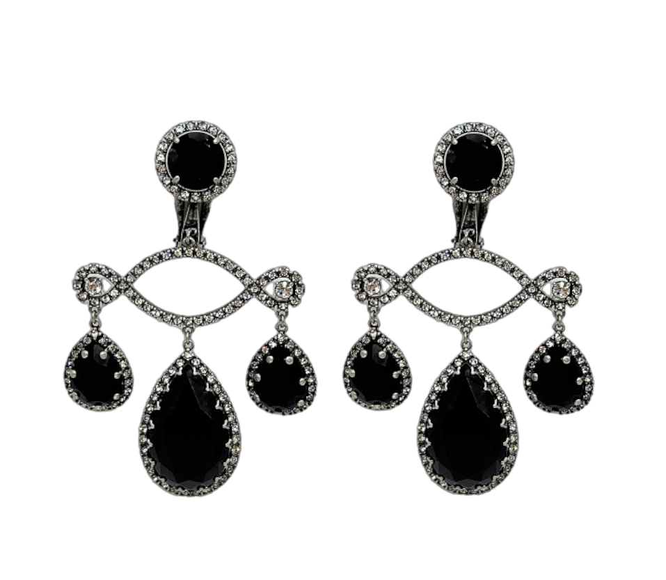 Gunmetal with Crystal & Jet Triple Drop Clip Earring