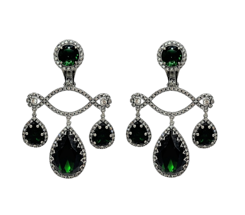 Gunmetal with Crystal & Emerald Triple Drop Clip Earring