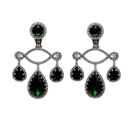 Gunmetal with Crystal & Emerald Triple Drop Clip Earring