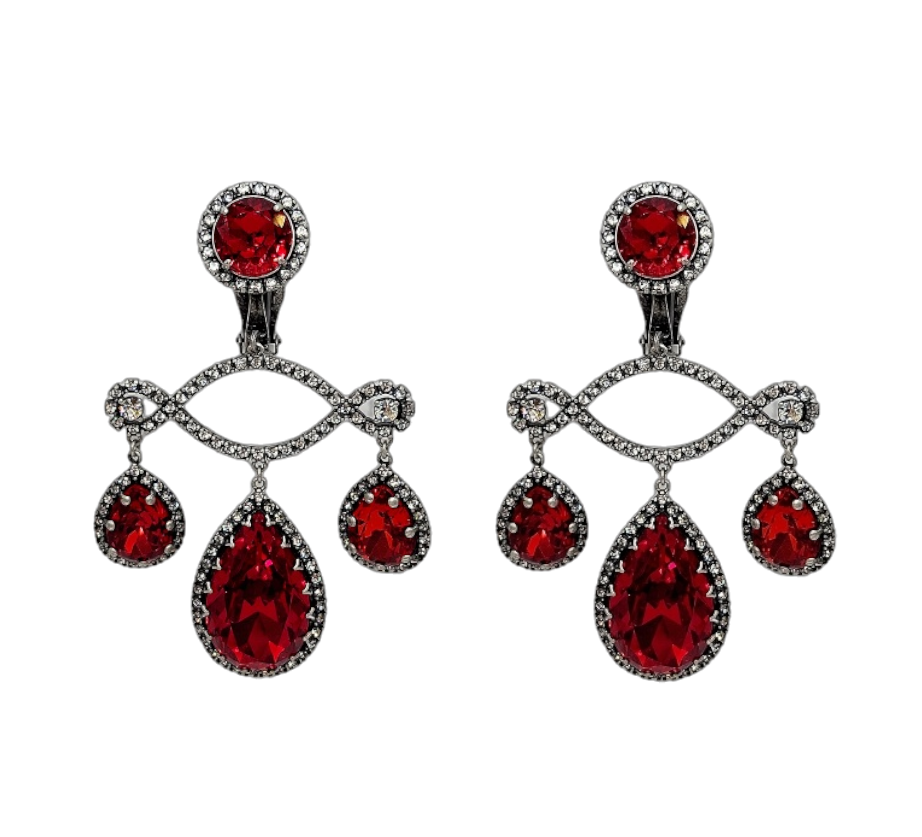 Gunmetal with Crystal & Ruby Triple Drop Clip Earring