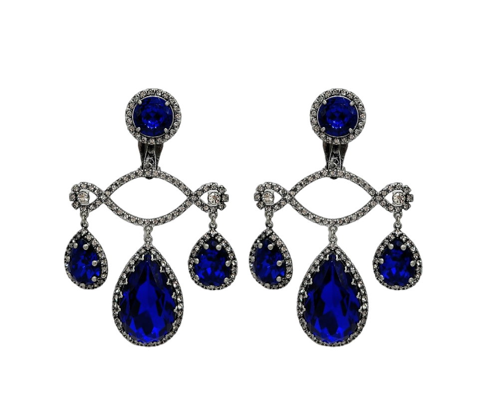Gunmetal with Crystal Sapphire Triple Drop Clip Earring