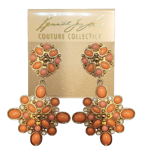 Gold with Rhinestone Coral Cabochons Drop Clip Earring