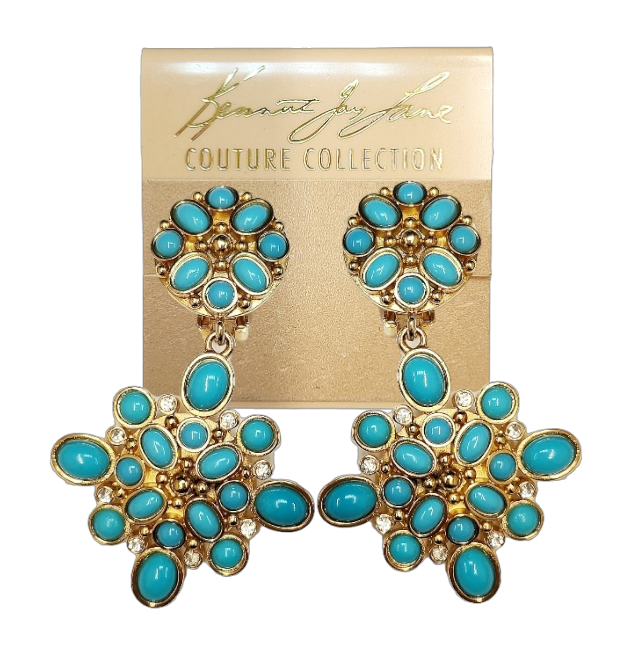 Gold with Rhinestone Turquoise Cabochons Drop Clip Earring