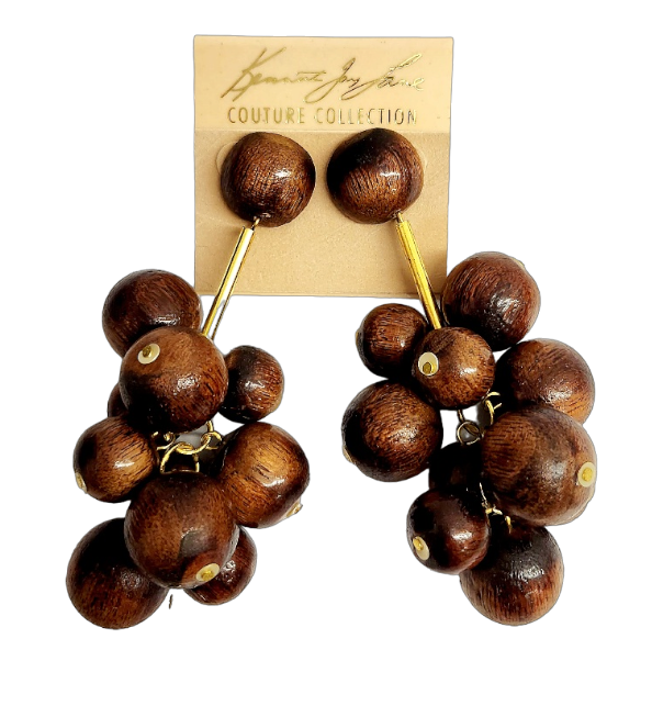 3 1-2" Gold w- Wood Dome Top- 19mm-15mm Wood Cluster Ball Drop Pierced Earring